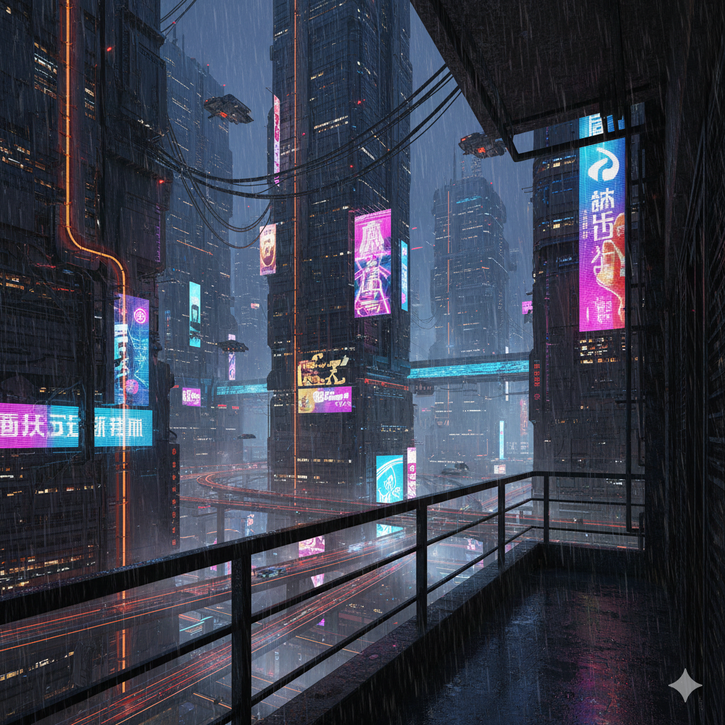 Киберпанк-город в неоновых огнях